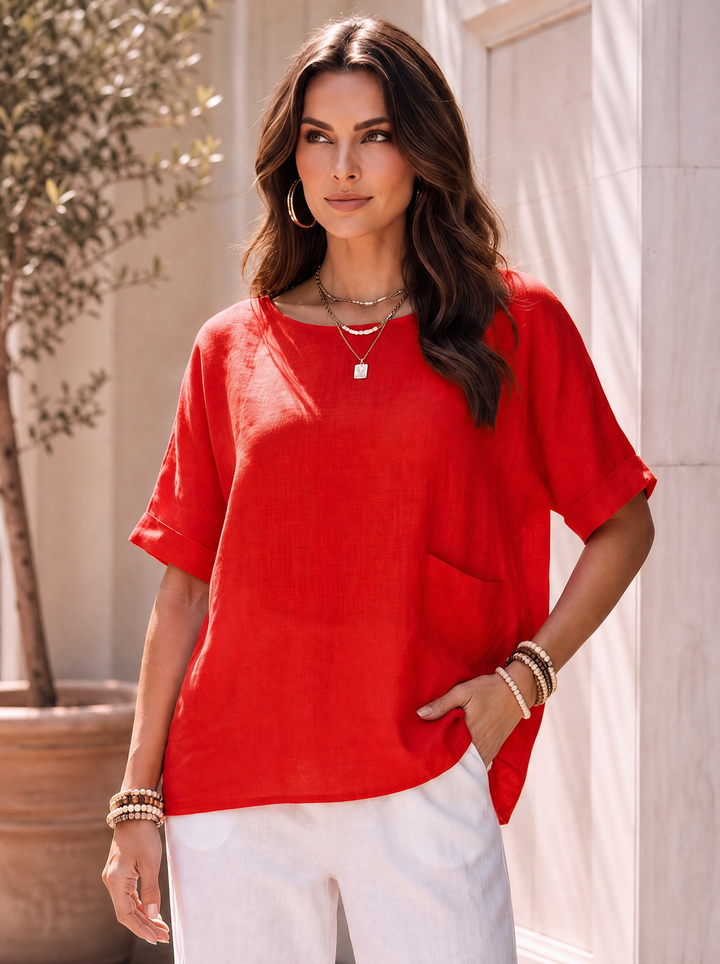 “KIARA” Relaxed Fit Button Back Top red
