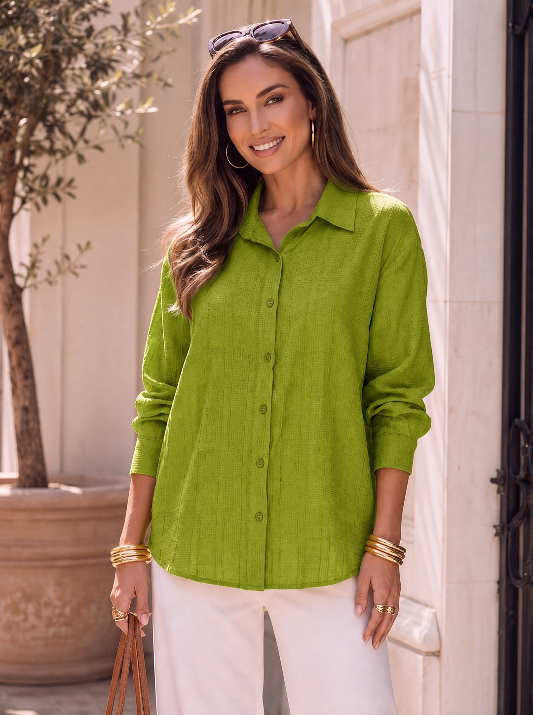 “FRANCES” Textured Relaxed Fit Shirt  lime green