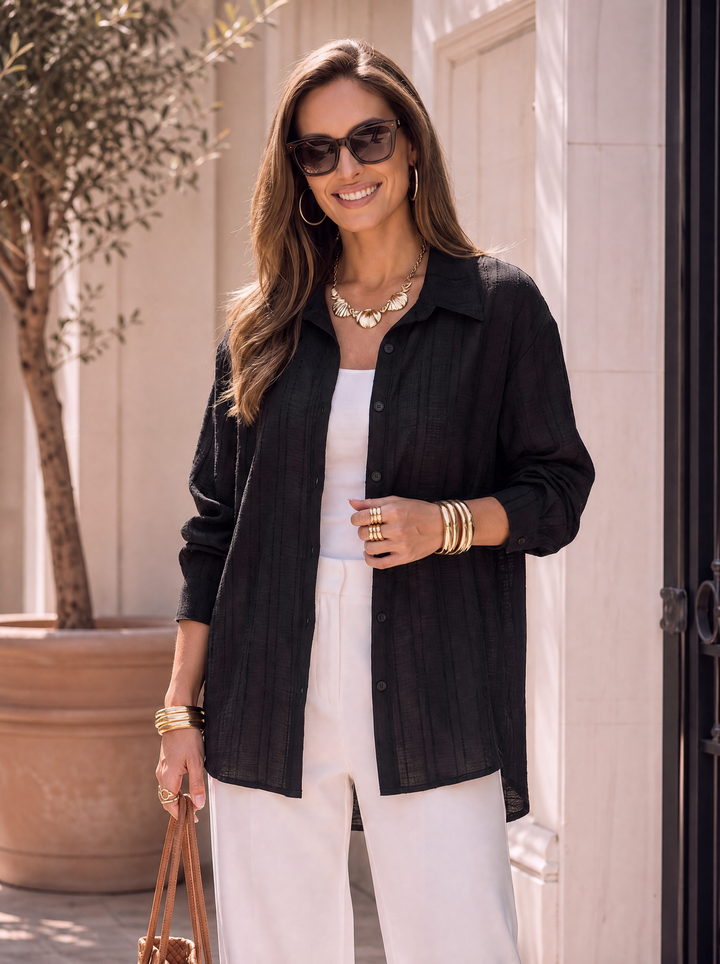 “FRANCES” Textured Relaxed Fit Shirt  black