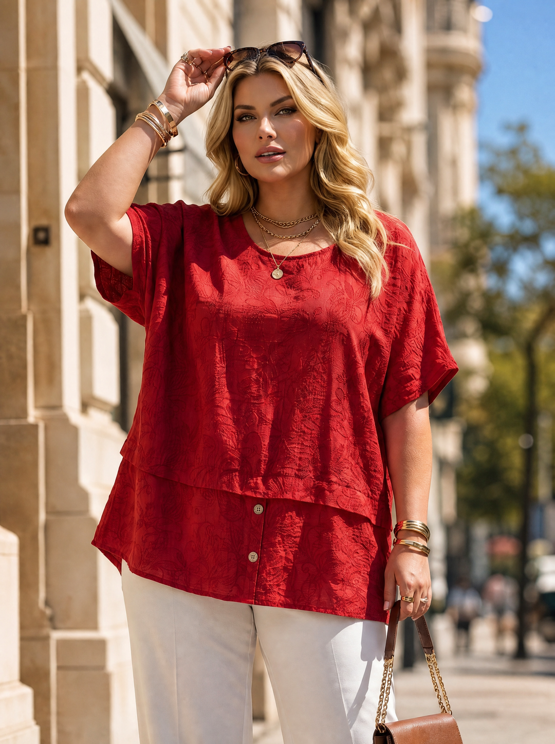“BETHANY” Relaxed Fit Textured Blouse red