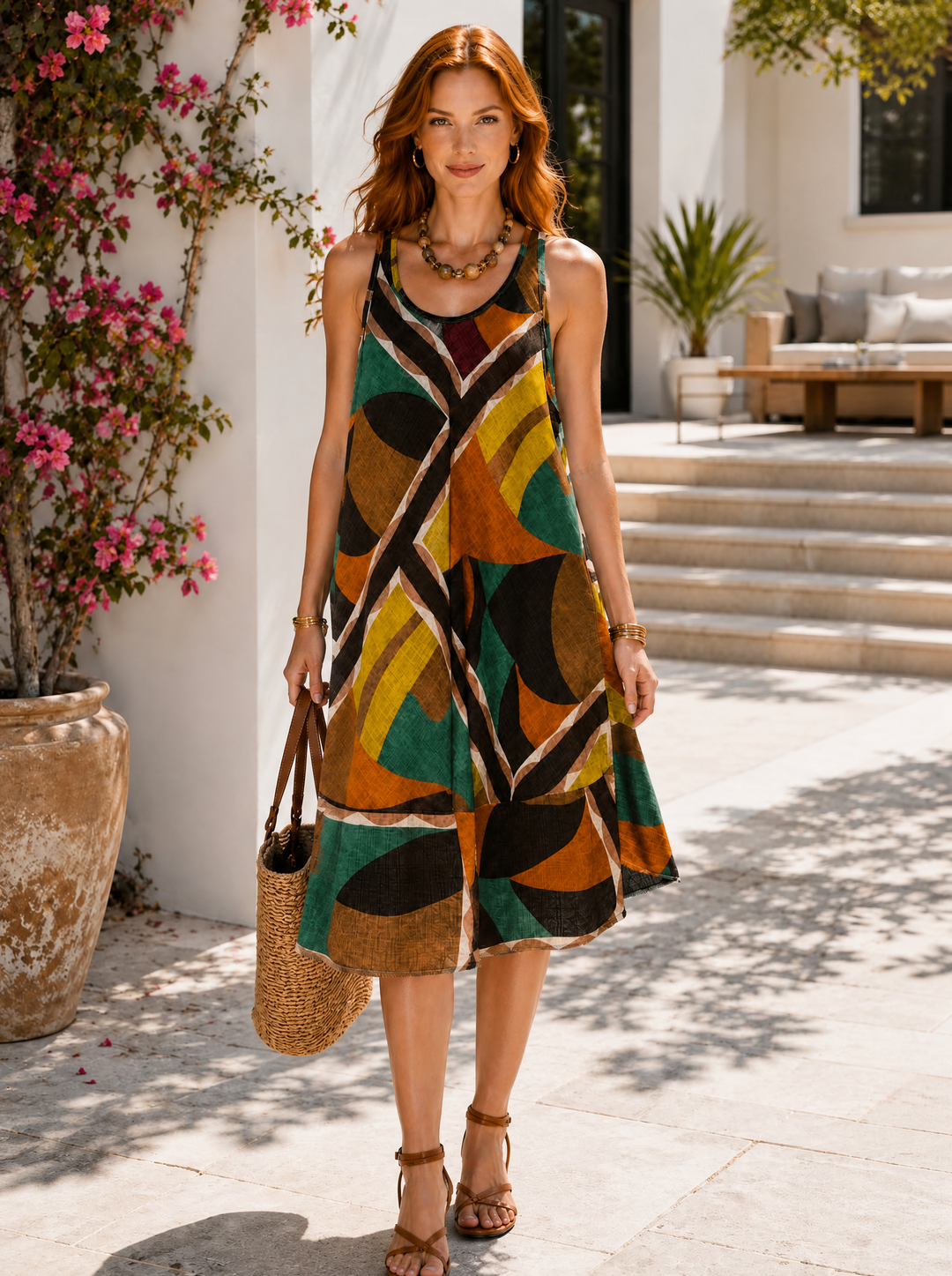 “JADA” Abstract Sleeveless Midi Dress Teal Multicolour