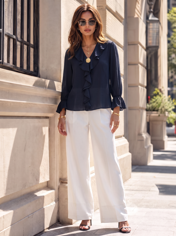 “SARA” Ruffle Blouse navy