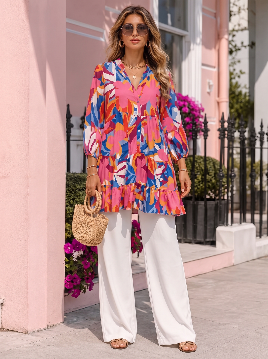 “DANIELA” Abstract Smock Tunic Dress cerise pink