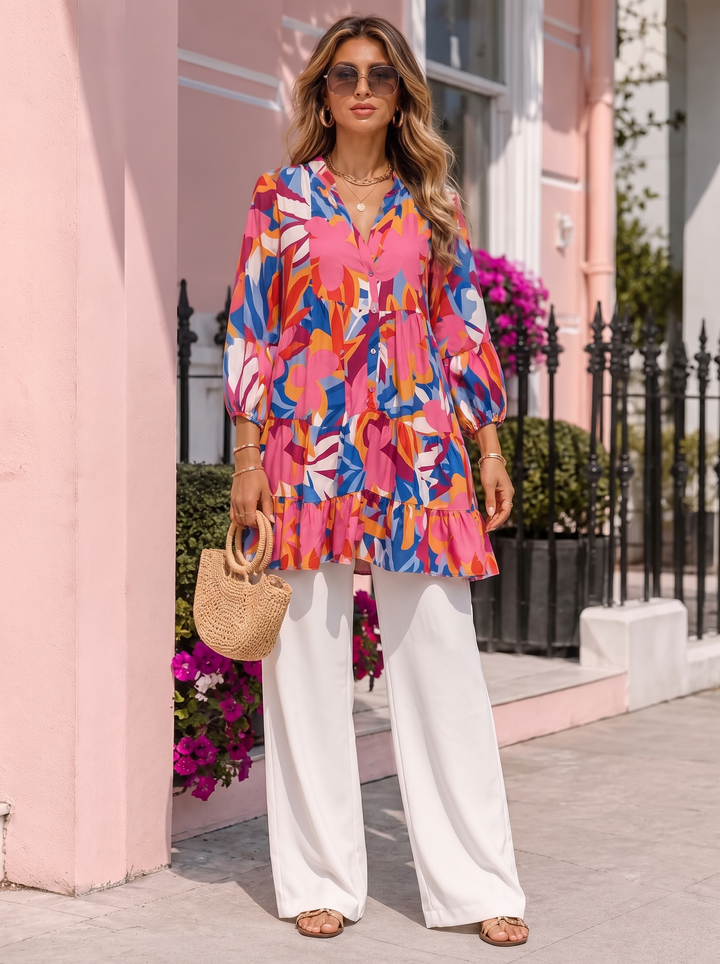 “DANIELA” Abstract Smock Tunic Dress cerise pink