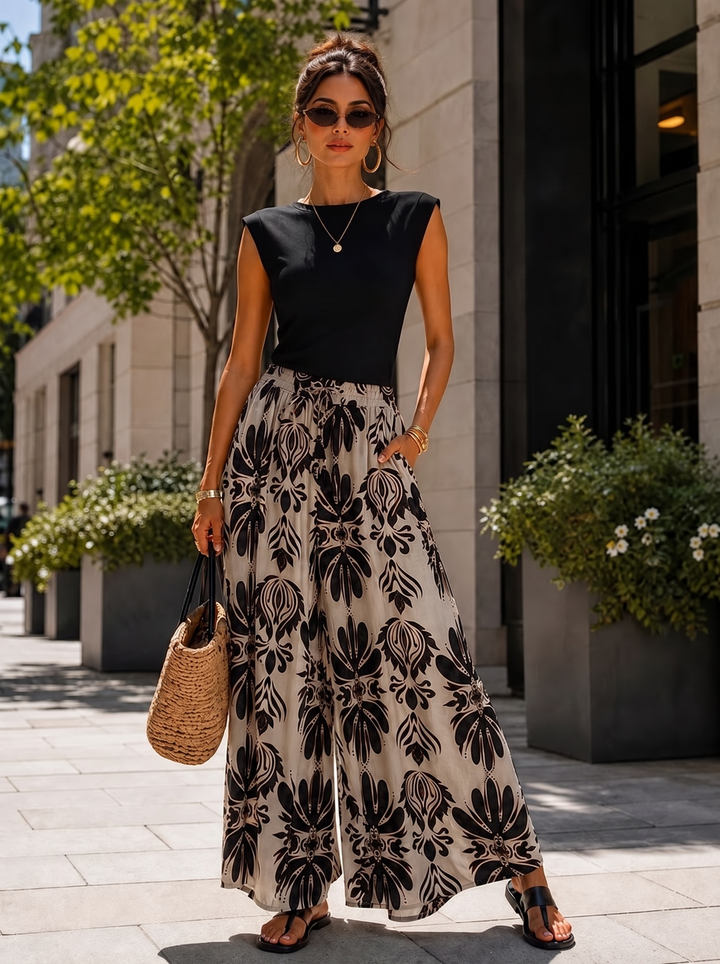 “KIA” Bontanical Print Wide Leg Trousers black