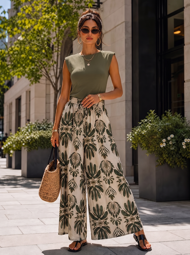 “KIA” Bontanical Print Wide Leg Trousers khaki  green