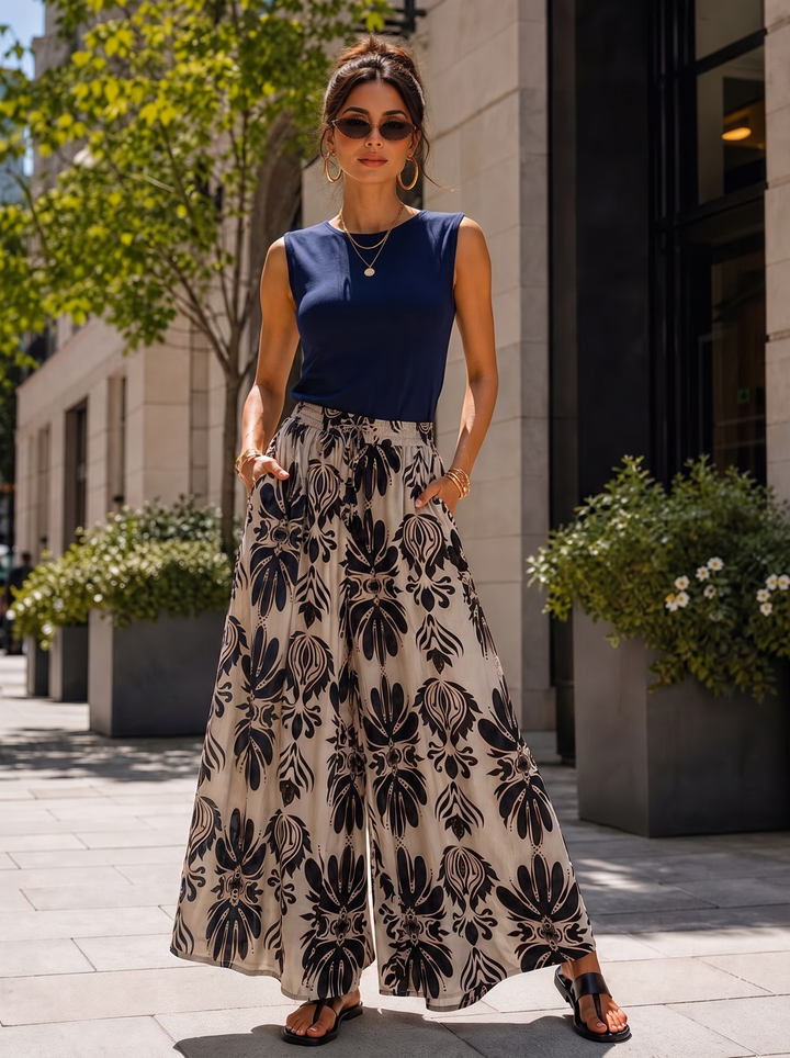 “KIA” Bontanical Print Wide Leg Trousers navy