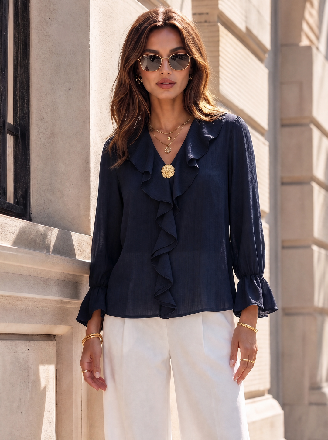 “SARA” Ruffle Blouse navy