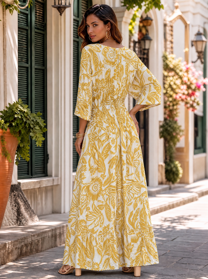 “LOTTIE” Tropical Print Shirred Waist Maxi Dress