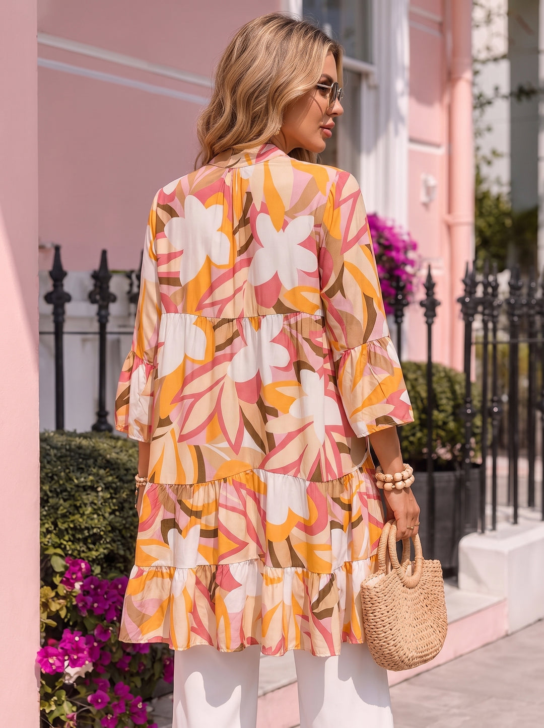 “DANIELA” Abstract Smock Tunic Dress cream tropical