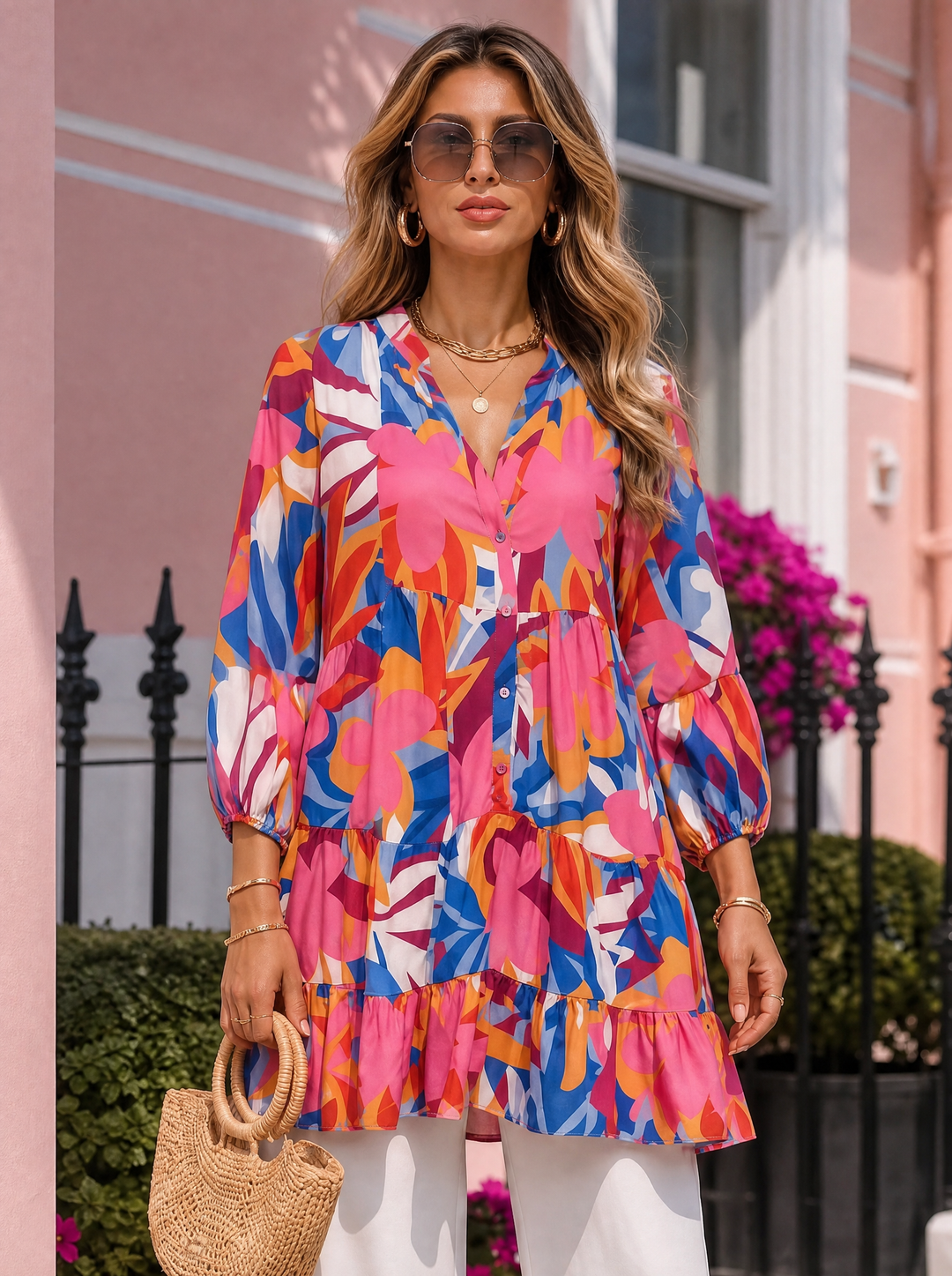 “DANIELA” Abstract Smock Tunic Dress cerise pink