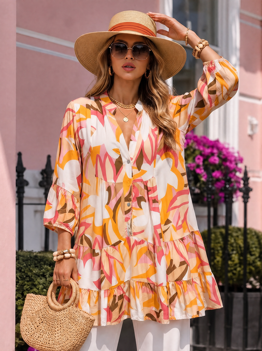 “DANIELA” Abstract Smock Tunic Dress cream tropical