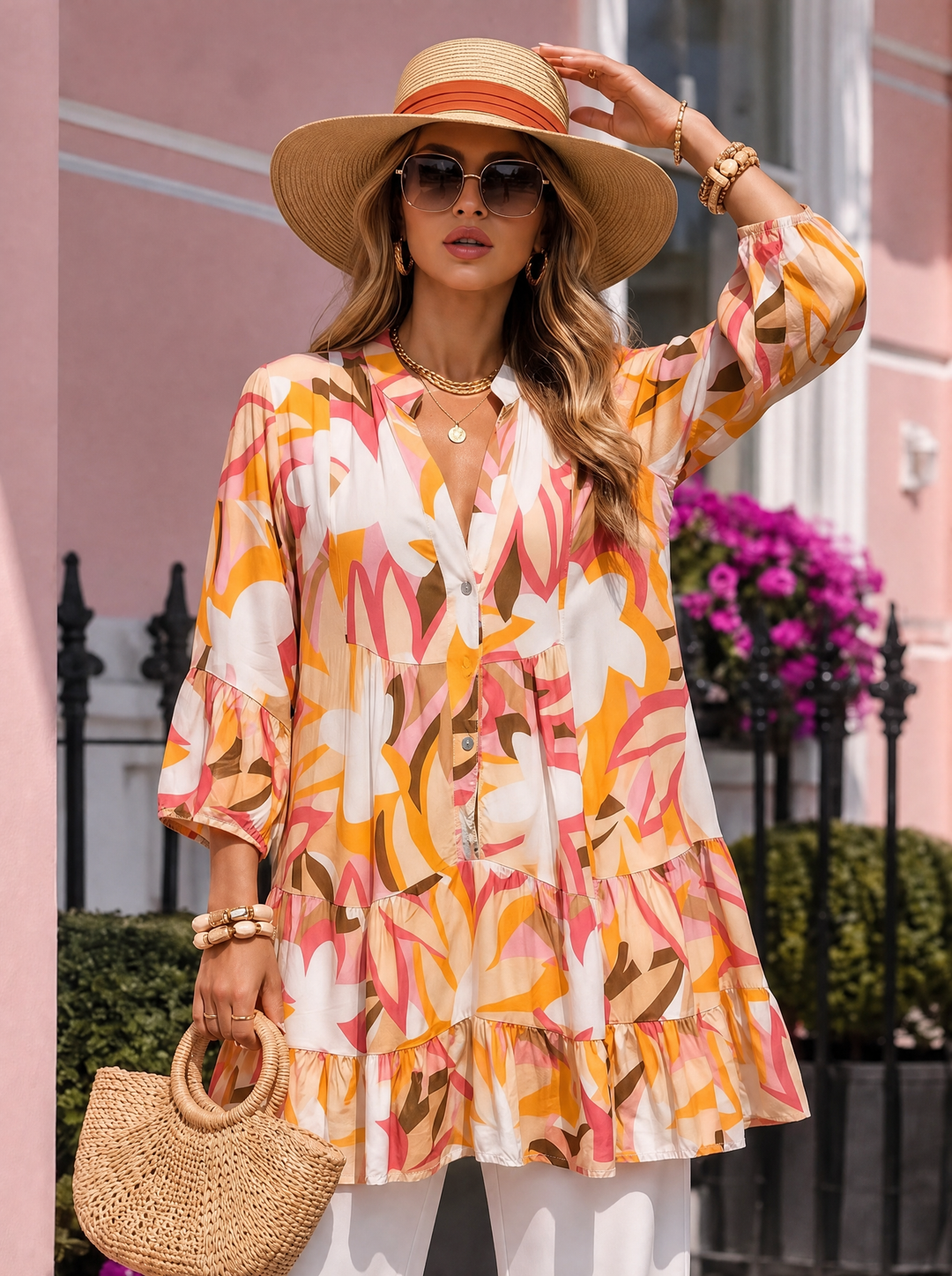 “DANIELA” Abstract Smock Tunic Dress cream tropical