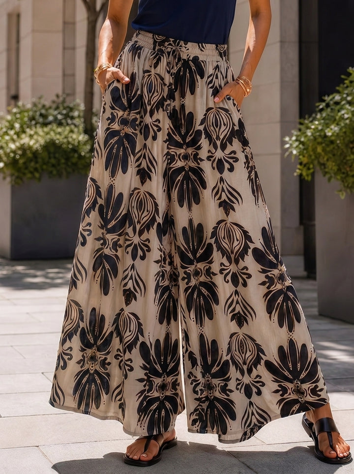 “KIA” Bontanical Print Wide Leg Trousers navy