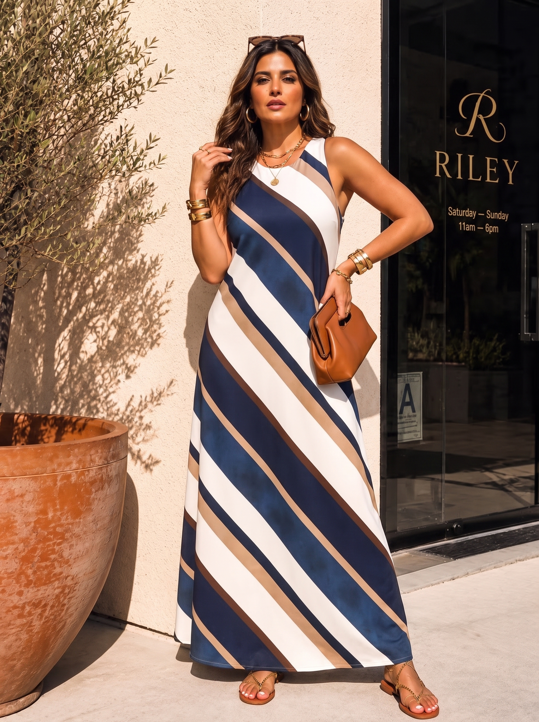 “KENZIE” Diagonal Stripe Maxi Dress navy