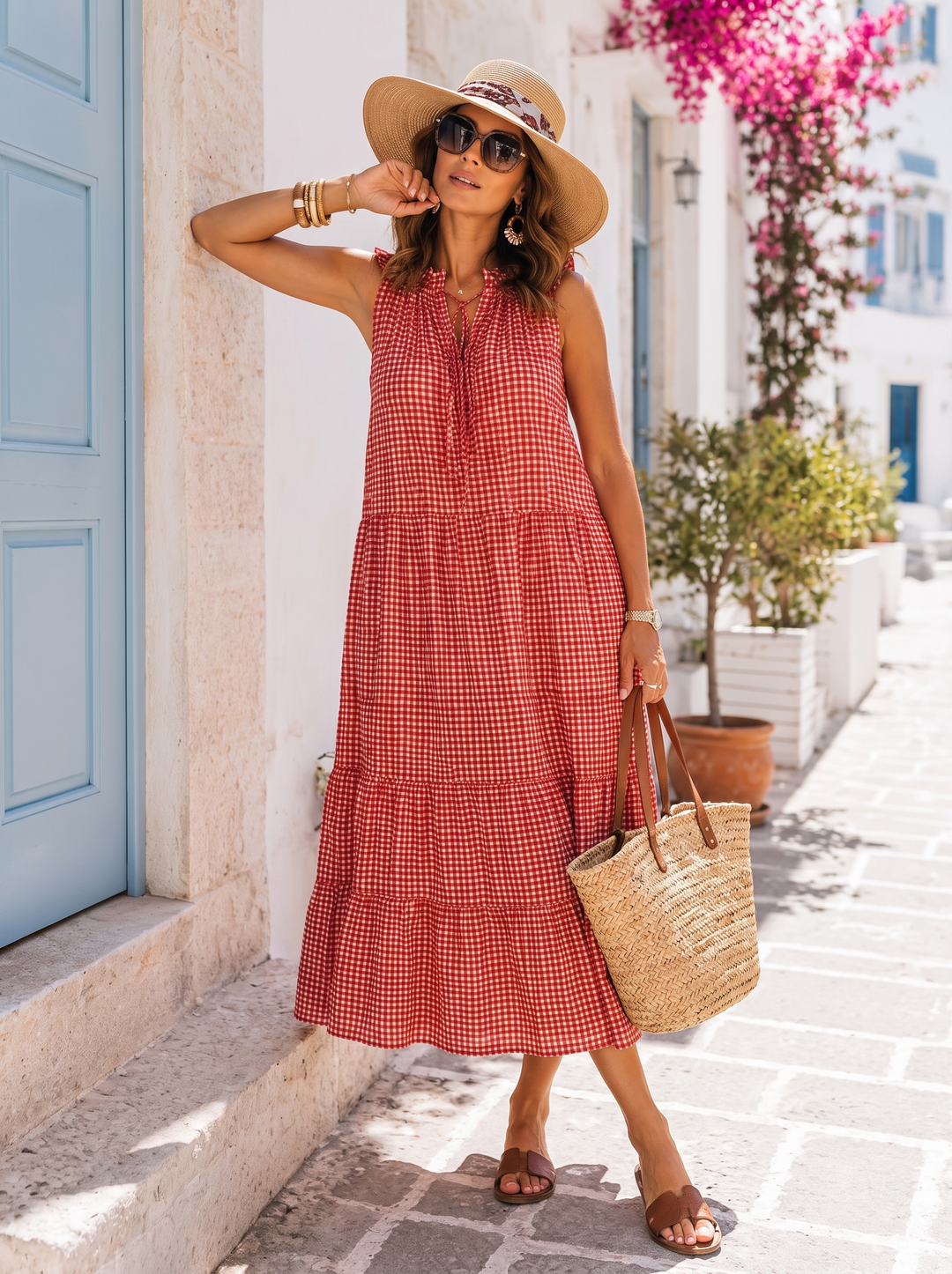 “TIFFANY”  Gingham Tiered Smock Dress  red