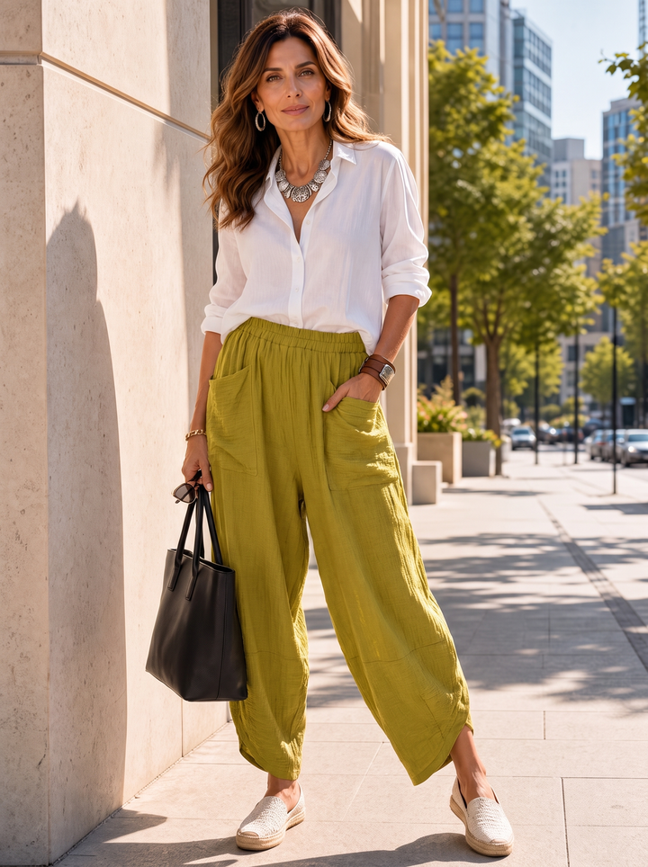 “LARA” Lagenlook Barrel Trouser lime green