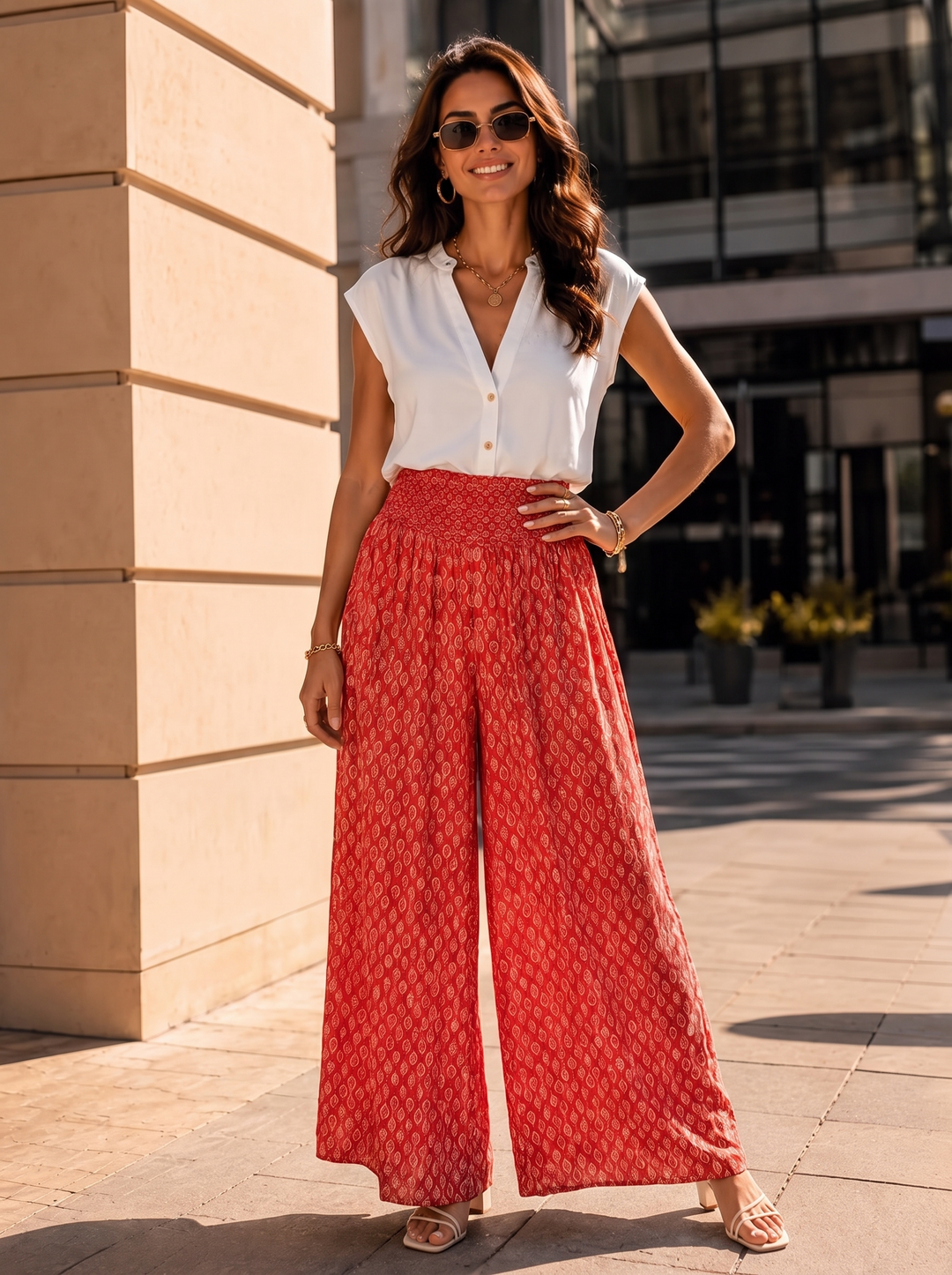 “IVY” Mosaic Print Palazzo Trousers red