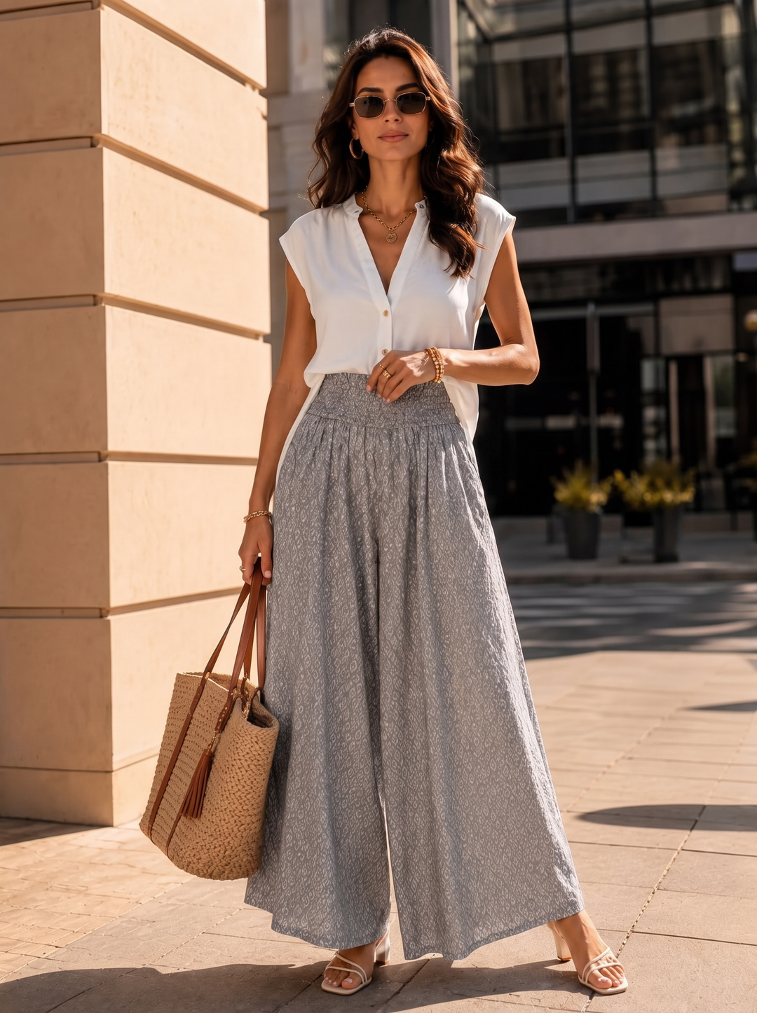 “IVY” Mosaic Print Palazzo Trousers light grey