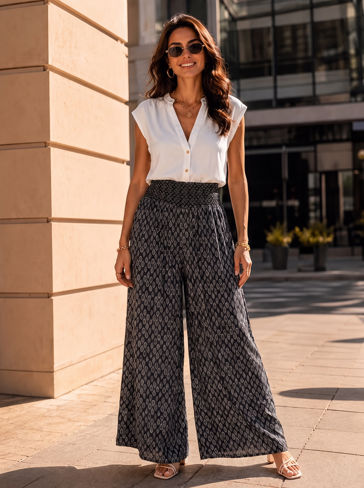 “IVY” Mosaic Print Palazzo Trousers black