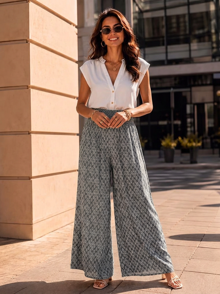 “IVY” Mosaic Print Palazzo Trousers dark grey