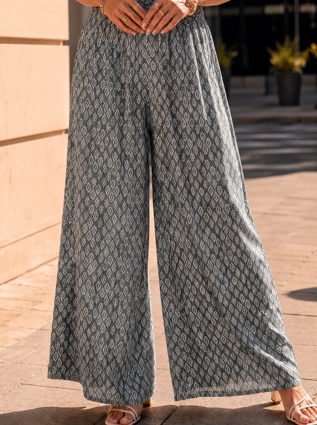 “IVY” Mosaic Print Palazzo Trousers dark grey