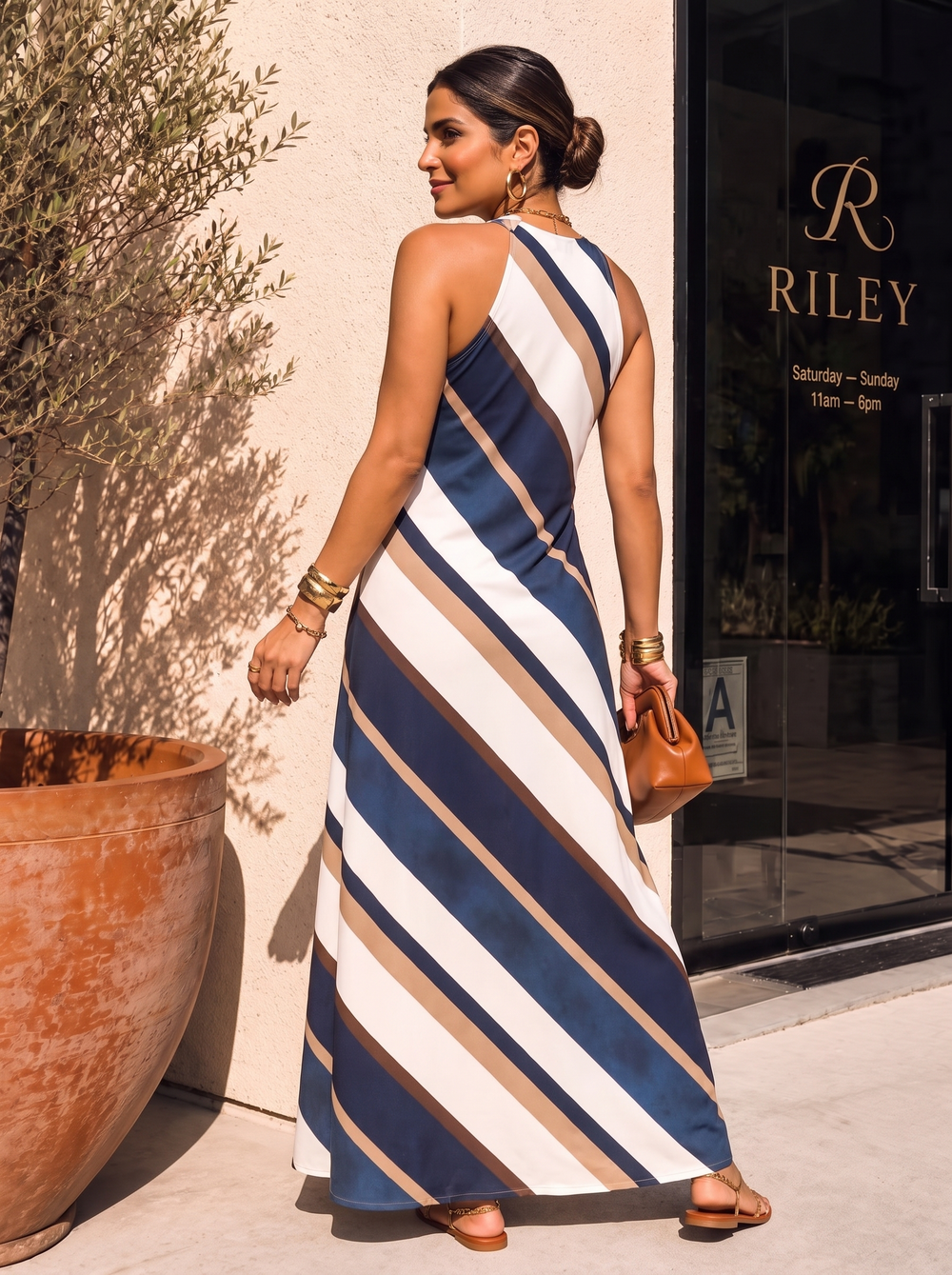 “KENZIE” Diagonal Stripe Maxi Dress navy