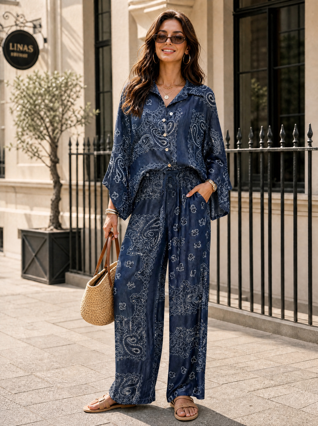 “SONIA” Bandana Print Denim Shirt denim blue