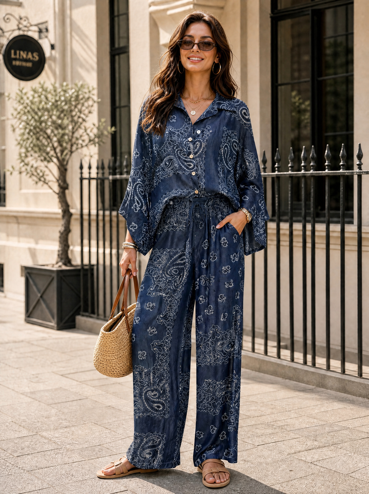 “SONIA” Bandana Print Denim Shirt denim blue