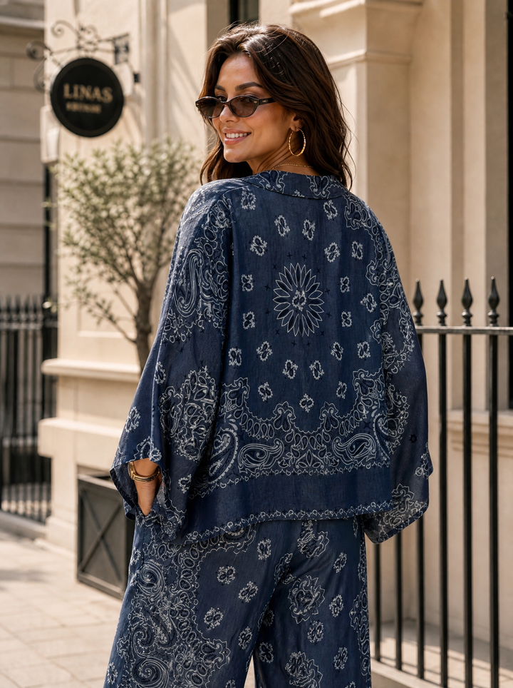 “SONIA” Bandana Print Denim Shirt denim blue