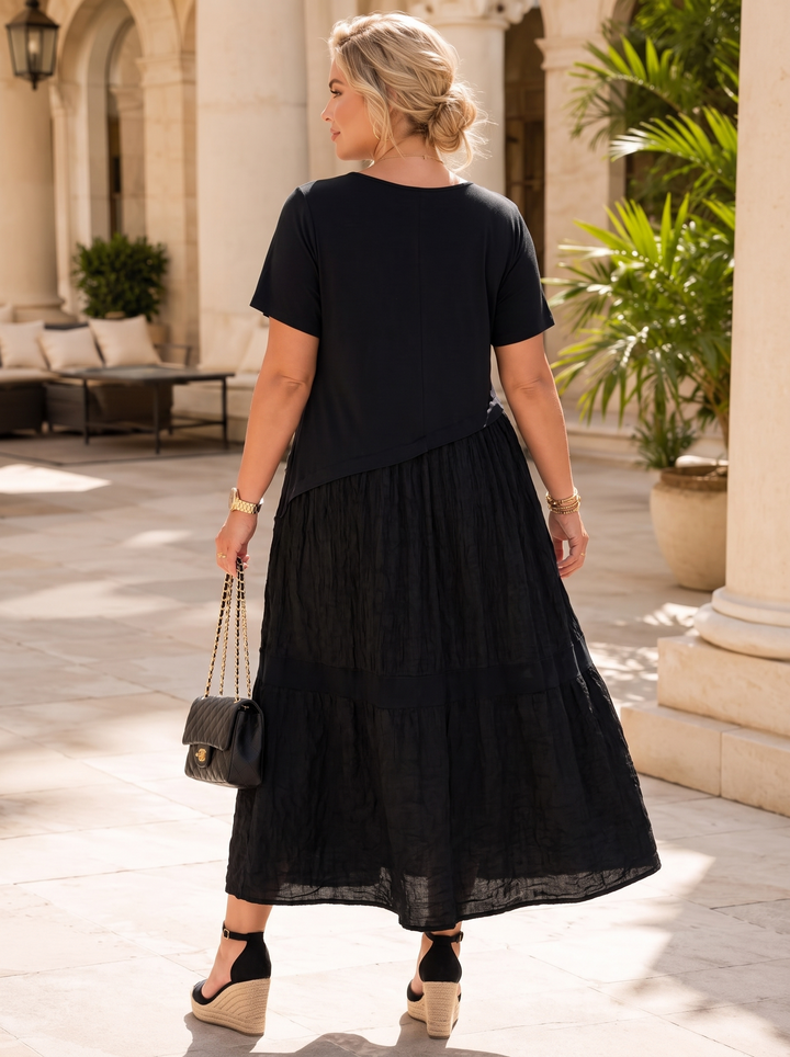 “BRIDGET” Textured Tiered Maxi Dress  black