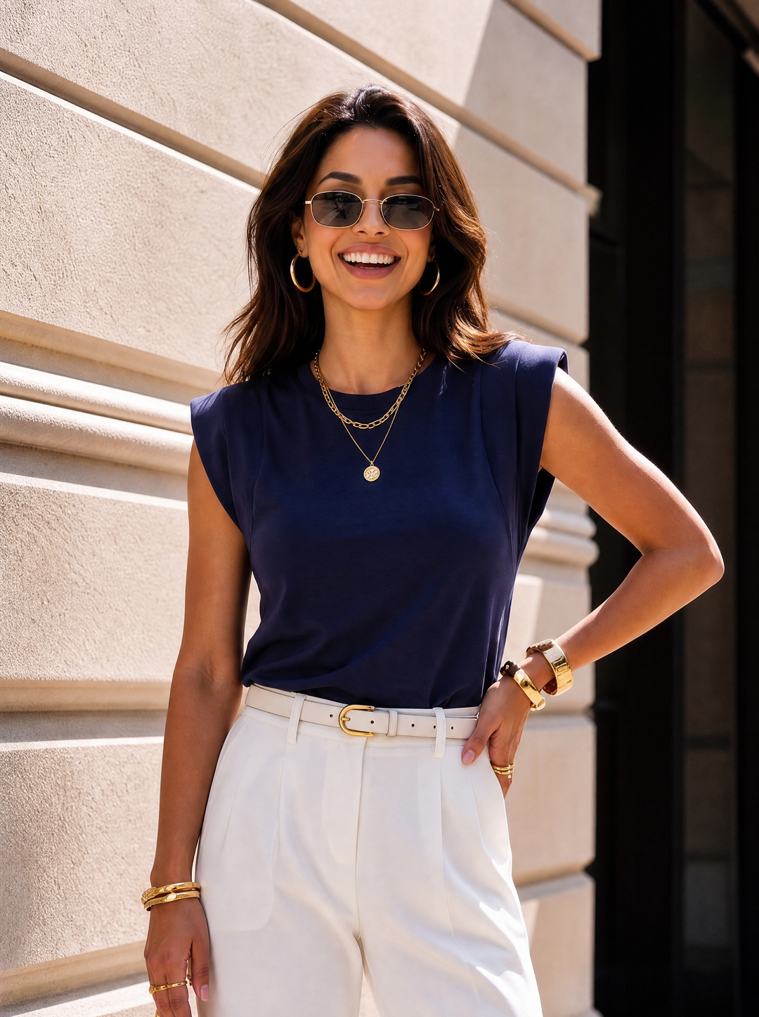“PAMELA” Double Layered Cap Sleeve Top navy
