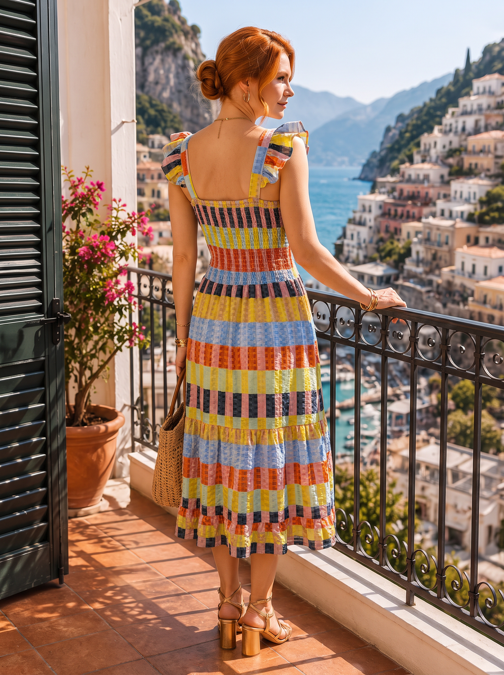 “EMILIA” Shirred Bodice Tiered Midi Dress MULTICOLOUR GINGHAM PRINT