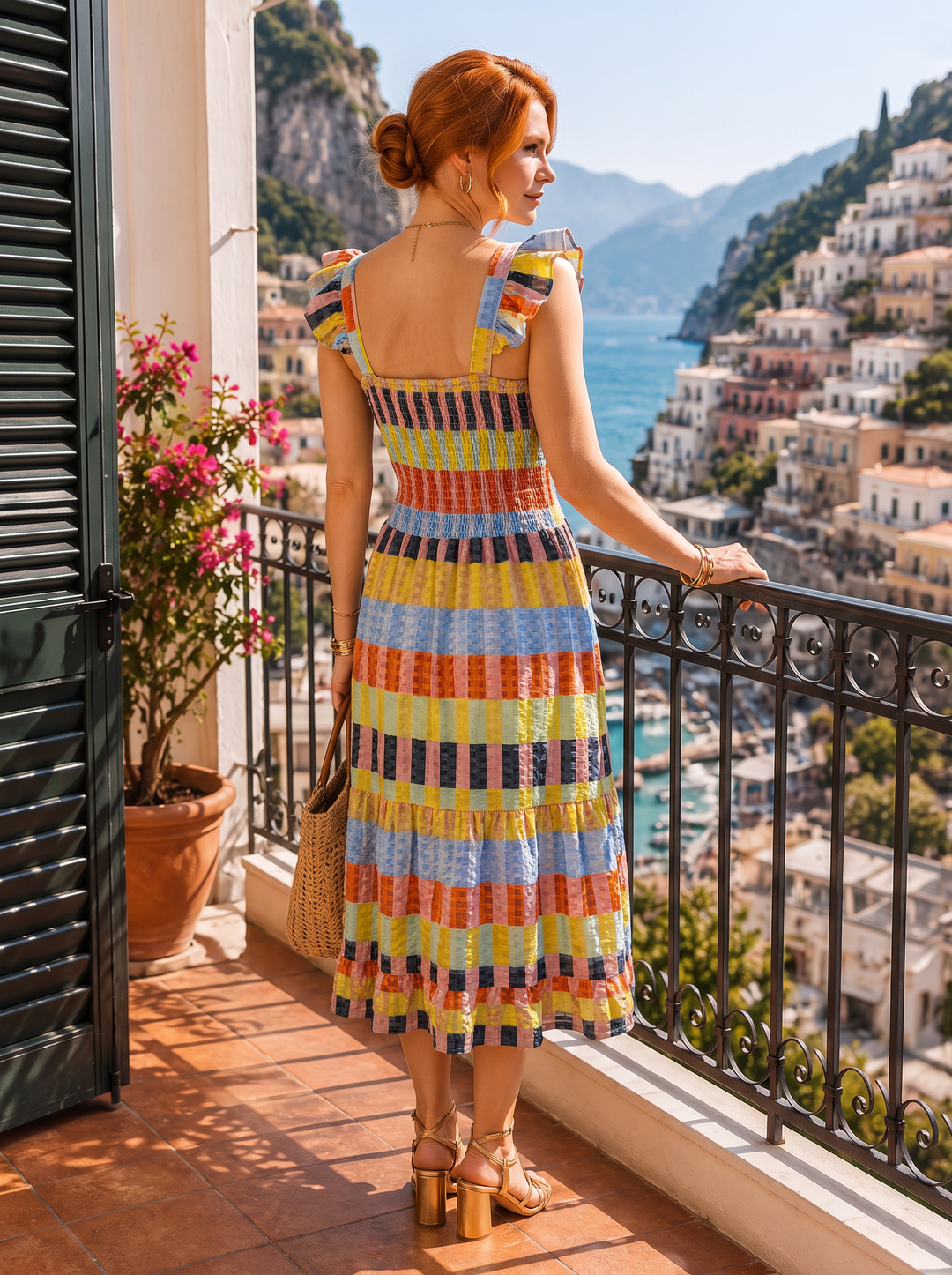 “EMILIA” Shirred Bodice Tiered Midi Dress MULTICOLOUR GINGHAM PRINT