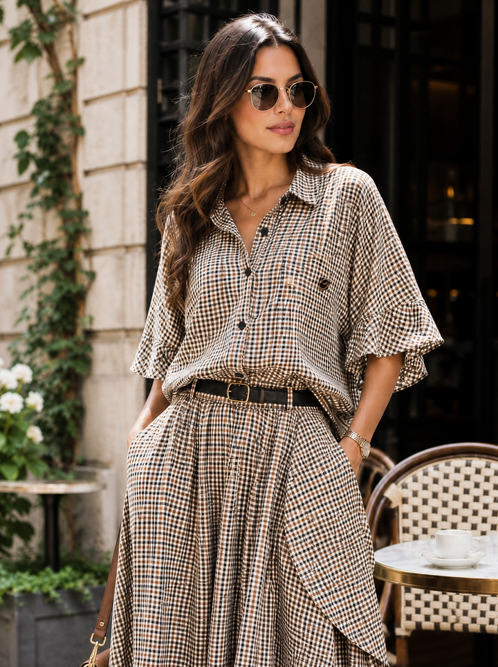 “STELLA Collection” Micro Gingham Oversized Shirt taupe