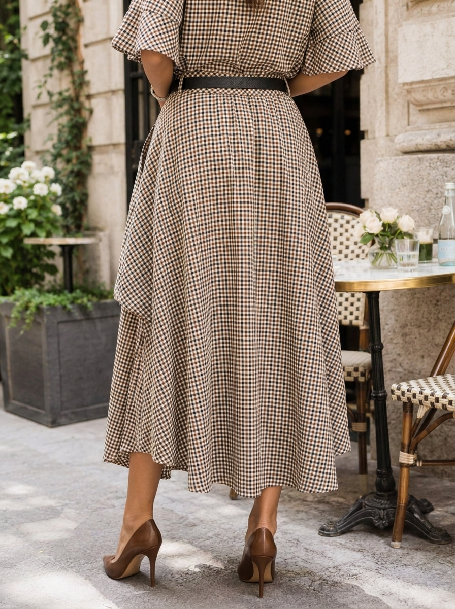 “STELLA Collection” Micro Gingham Midi Skirt taupe