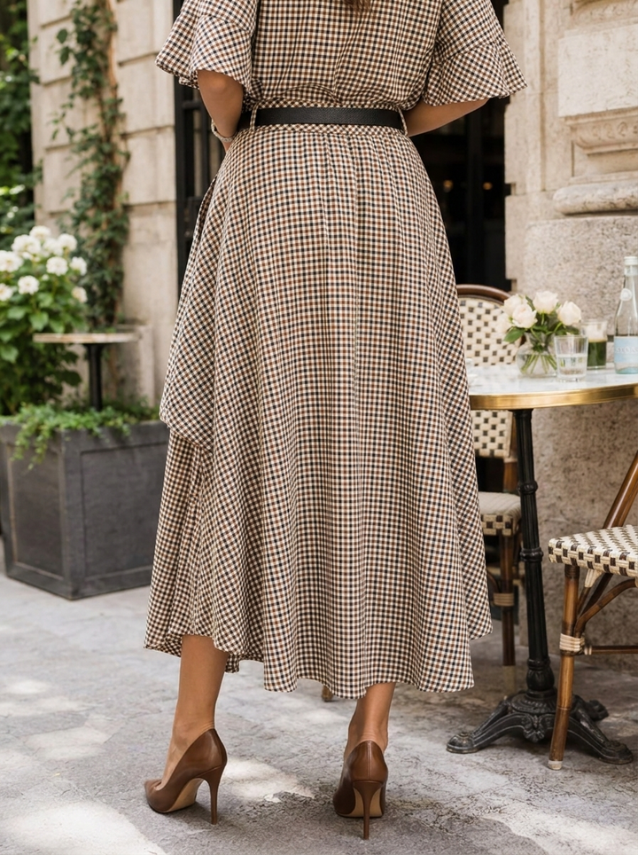 “STELLA Collection” Micro Gingham Midi Skirt taupe