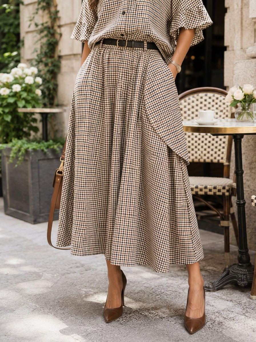 “STELLA Collection” Micro Gingham Midi Skirt taupe