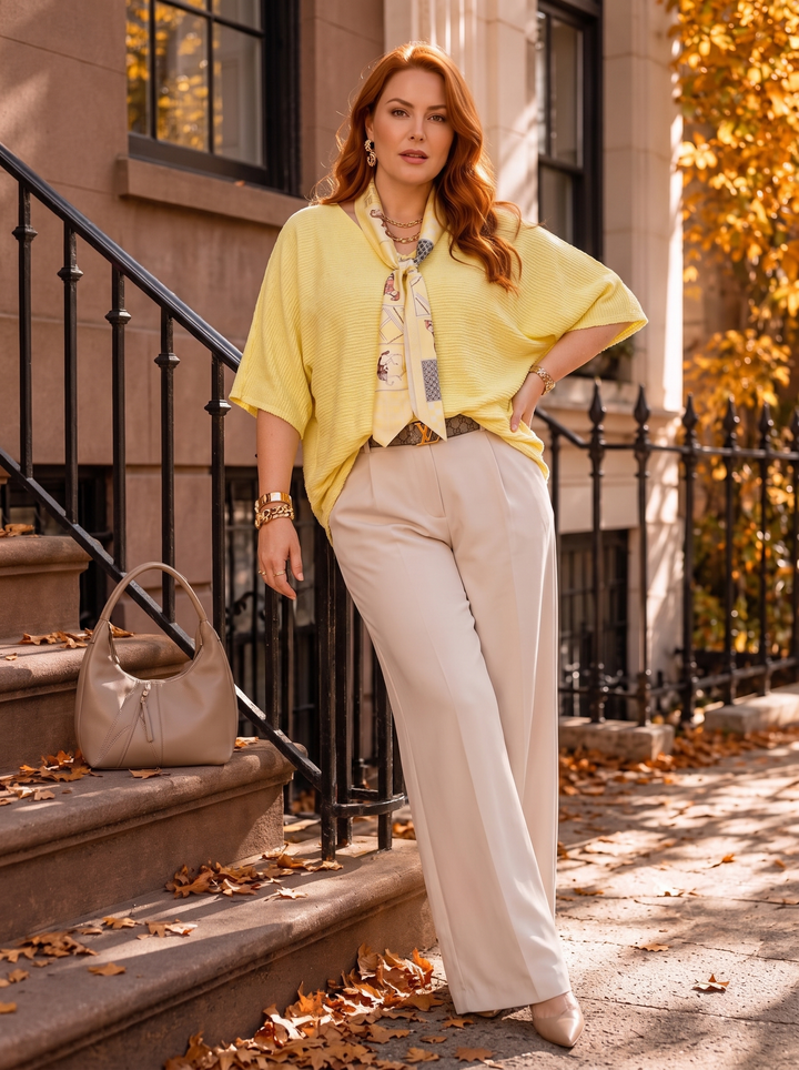 “GWEN” Relaxed Fit Fine Knit Top With Scarf yellow