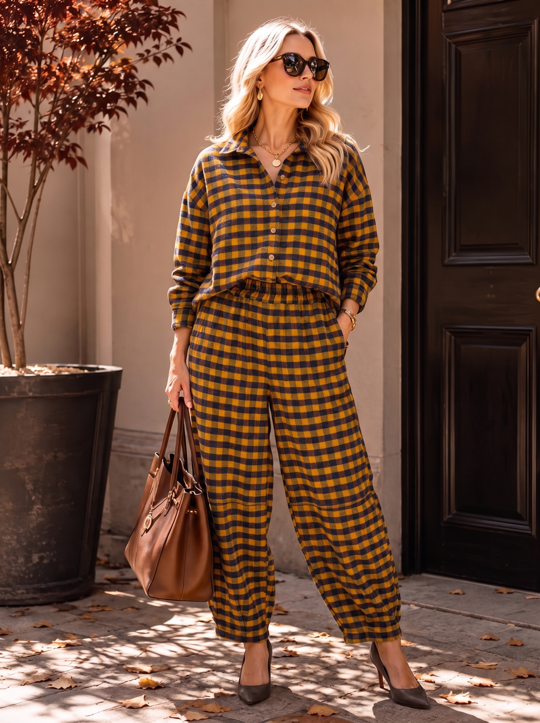 “GINA Collection” Heritage Check Print Trousers mustard