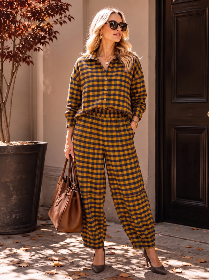 “GINA Collection” Heritage Check Print Trousers mustard