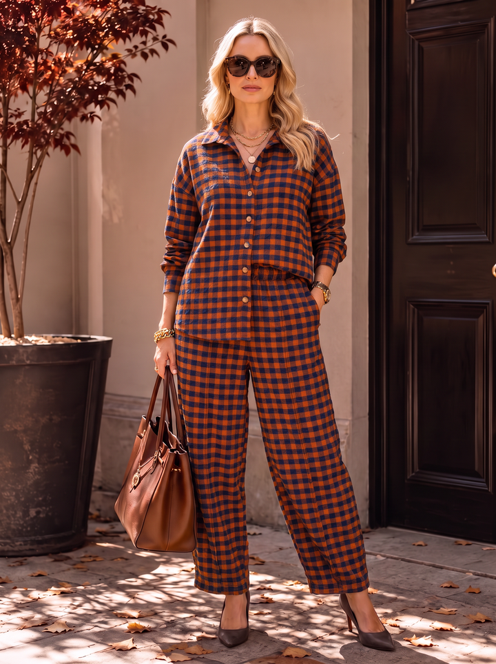 “GINA Collection” Heritage Check Print Trousers khaki green rust orange
