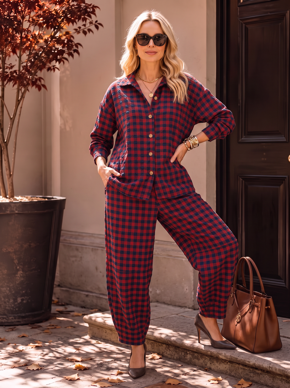 “GINA Collection” Heritage Check Print Trousers burgundy