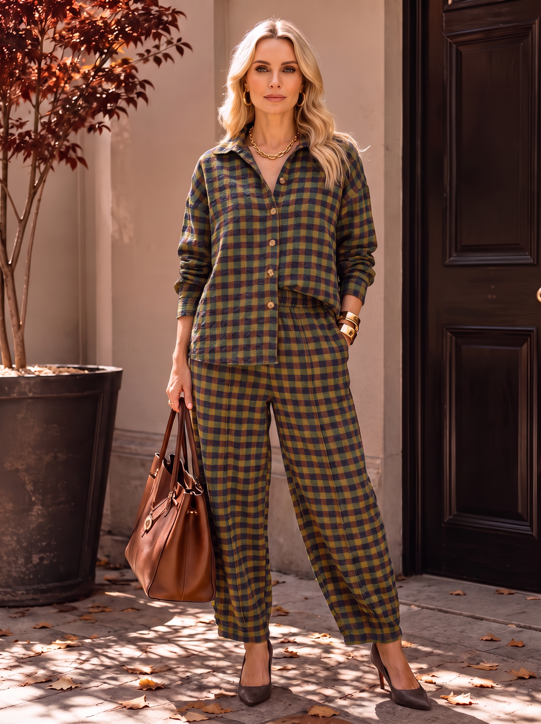 “GINA Collection” Heritage Check Print Trousers khaki green