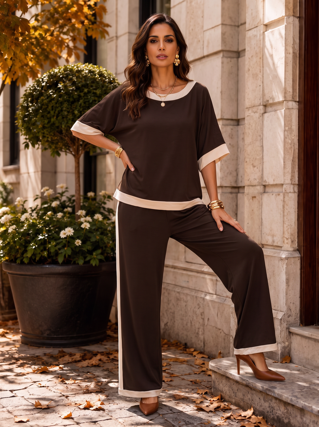 “LUNA Collection”  Contrast Top chocolate brown