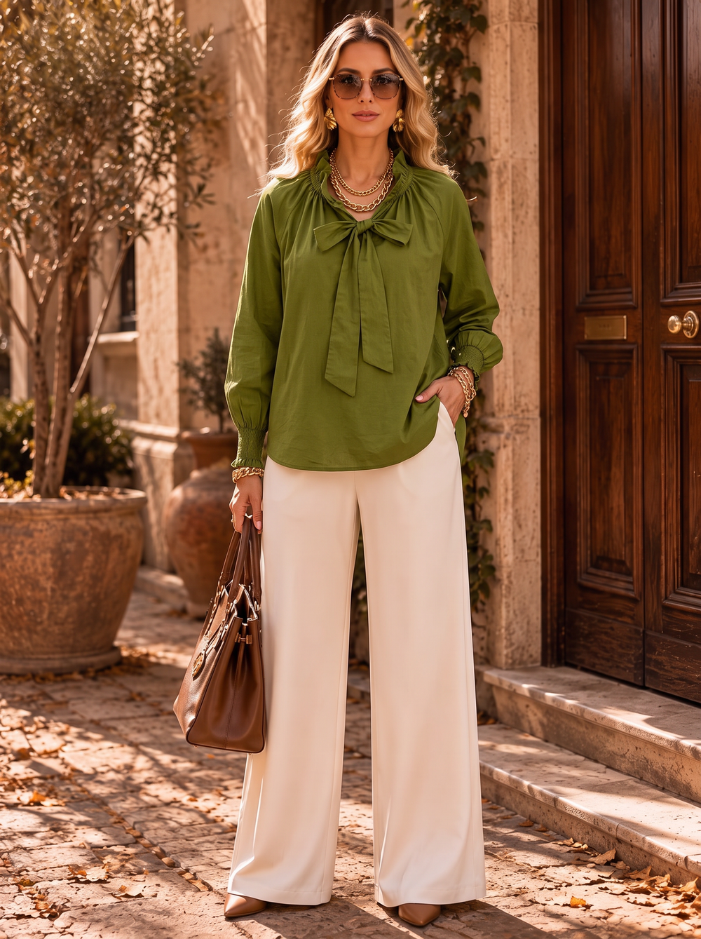 “LILAH” Poets Tie Neck  Blouse green