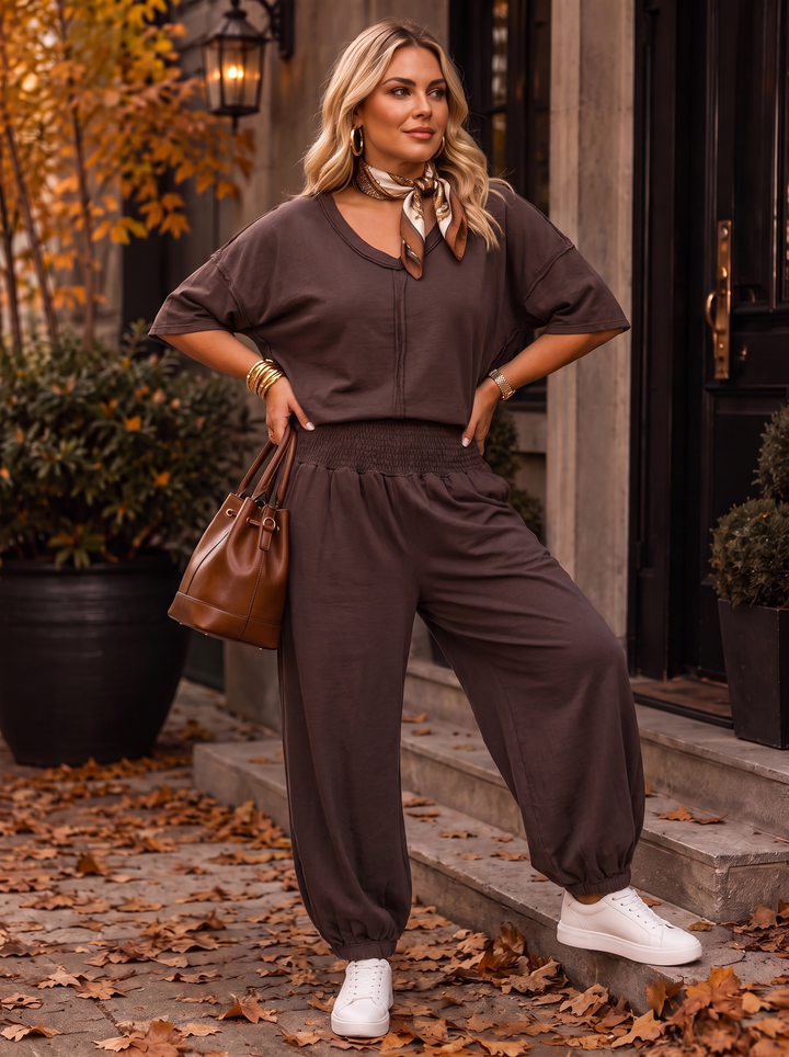 “BETH Collection” V-Neck Oversized Sweat Top brown