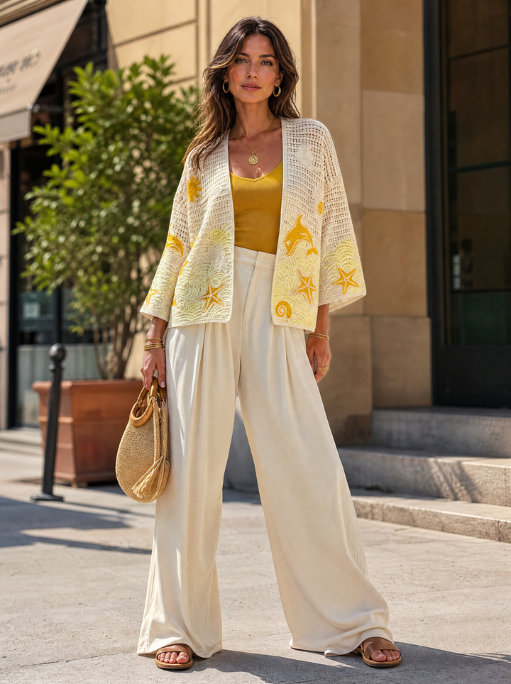 “EMILY” Seaside Emmbriodered Crochet Kimono Ivory lemon