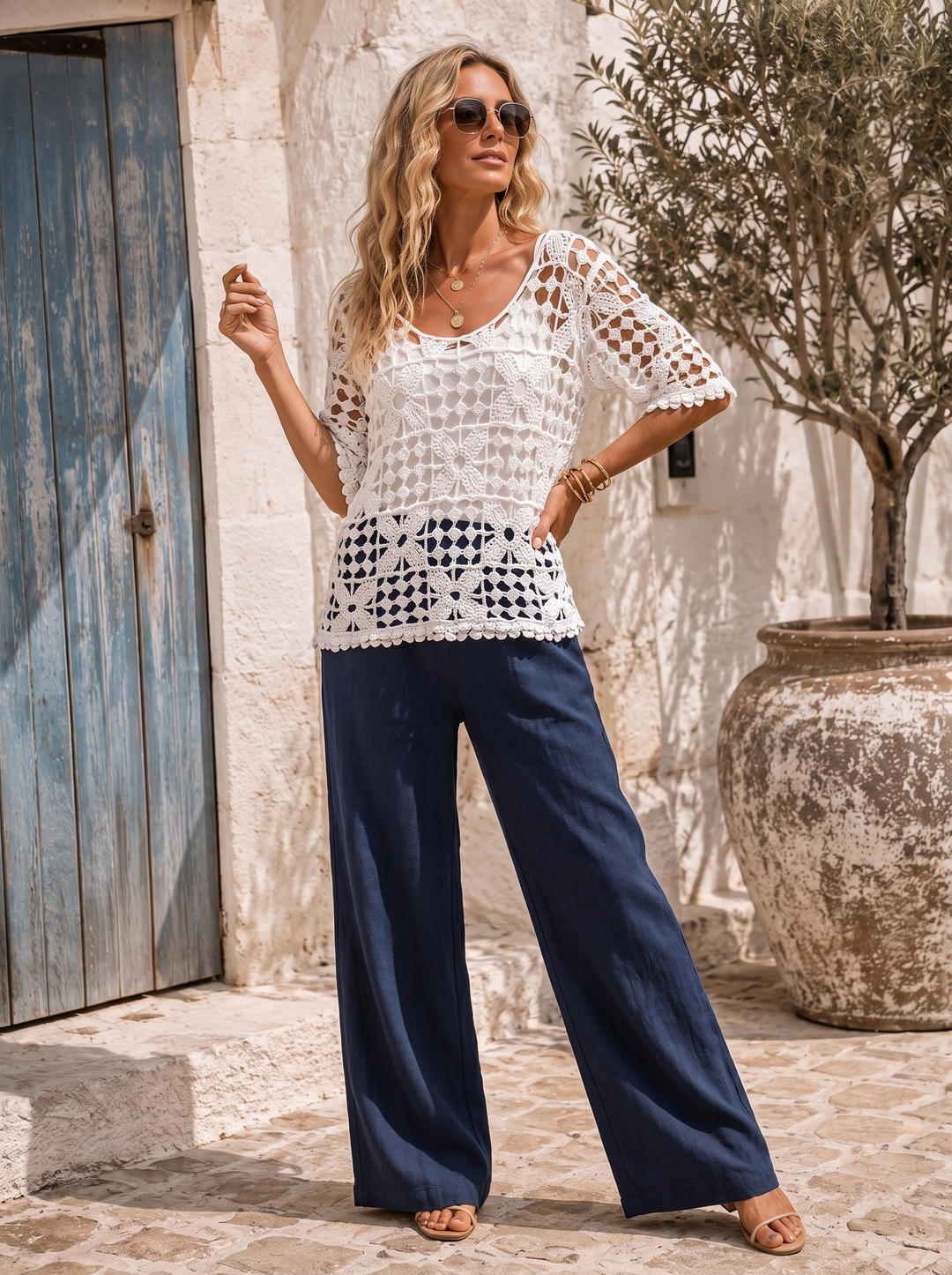 “PALOMA” Crochet Tunic Top With Vest white