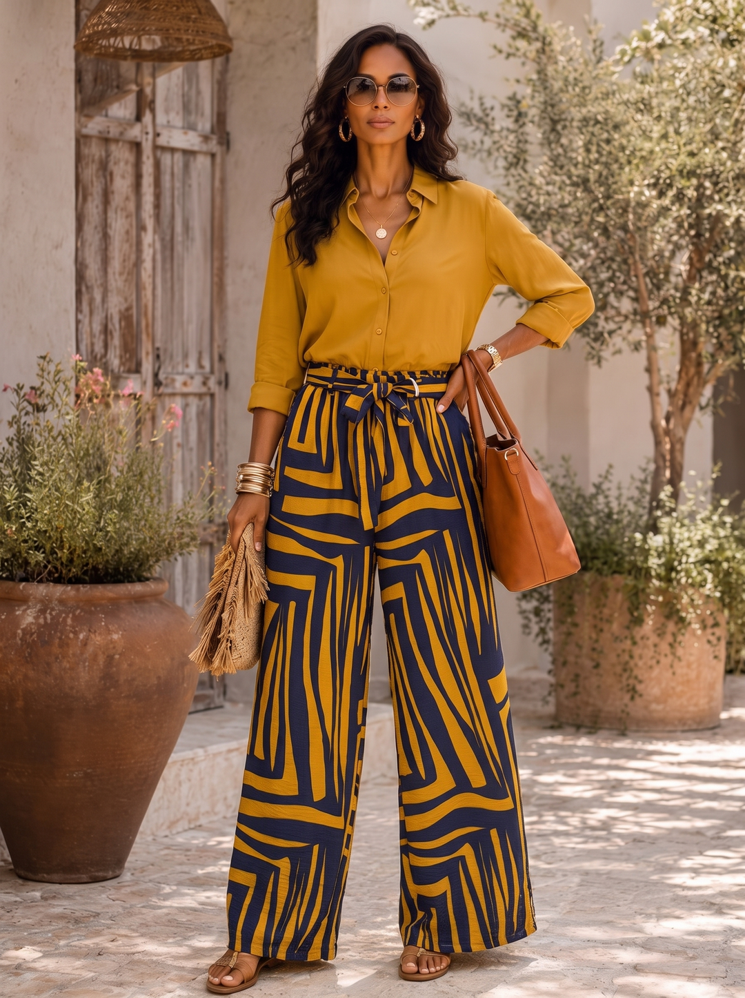 “JACKIE” Geo Print Wide Leg Trousers mustard